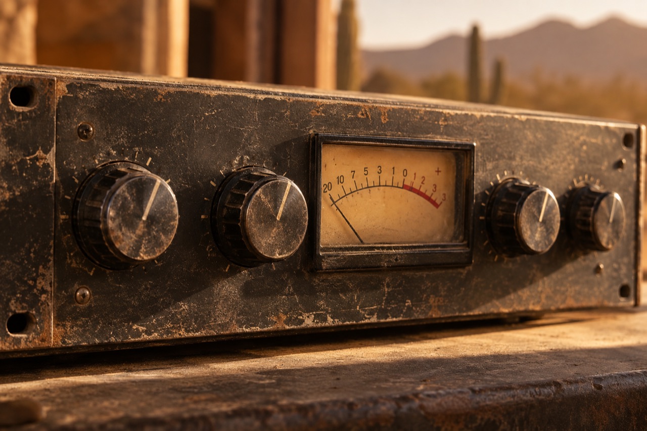 Illustrative close-up of a worn analog audio compressor