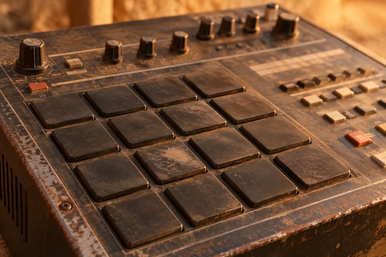 Illustrative close-up of a worn drum machine