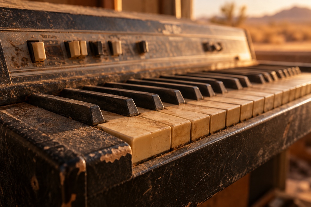Illustrative close-up of worn vintage keyboard keys