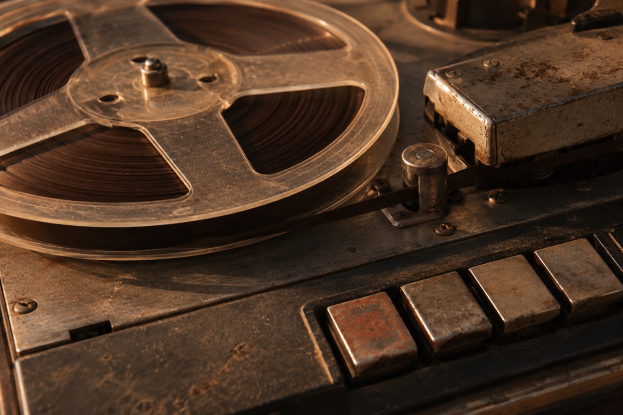 Illustrative close-up of a worn reel-to-reel tape machine