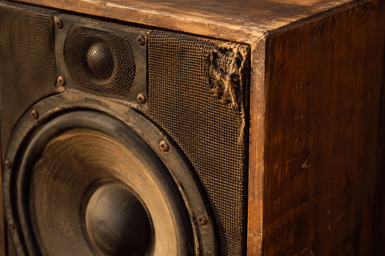 Illustrative close-up of a weathered vintage speaker