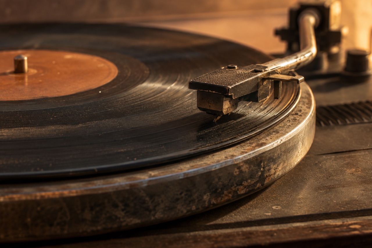 Illustrative close-up of a worn turntable and record groove